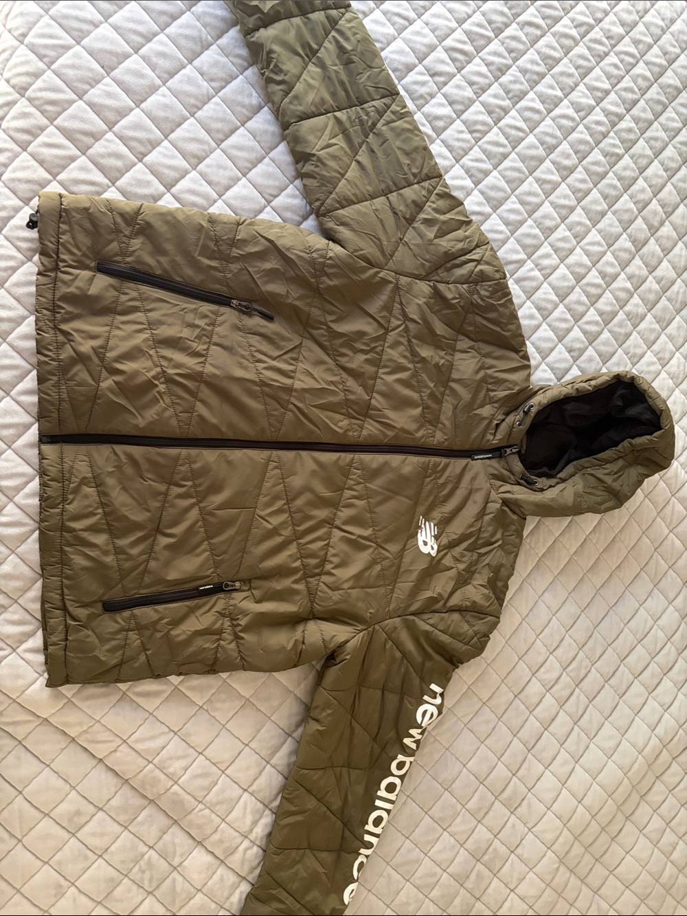 New Balance Olive Quilted Puffer Jacket with Hood